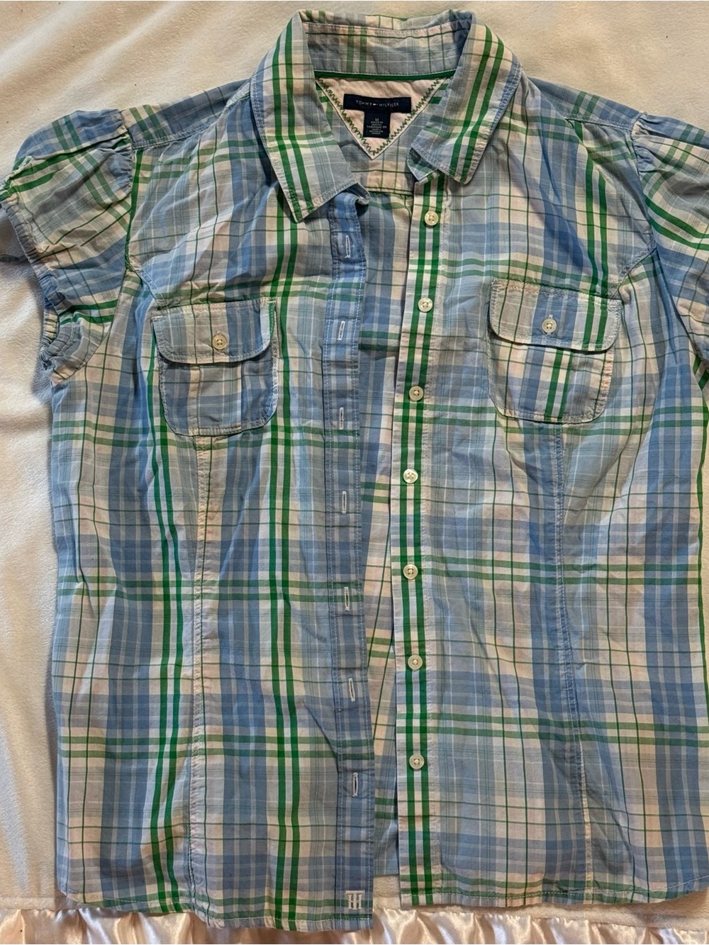 Tommy Hilfiger Blue Green Plaid Button-Front Shirt | Medium